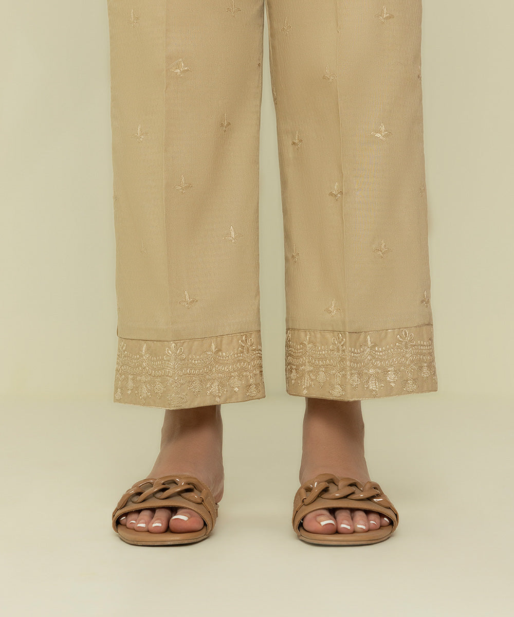 Womens Eid Pret Beige Embroidered Dobby Trousers