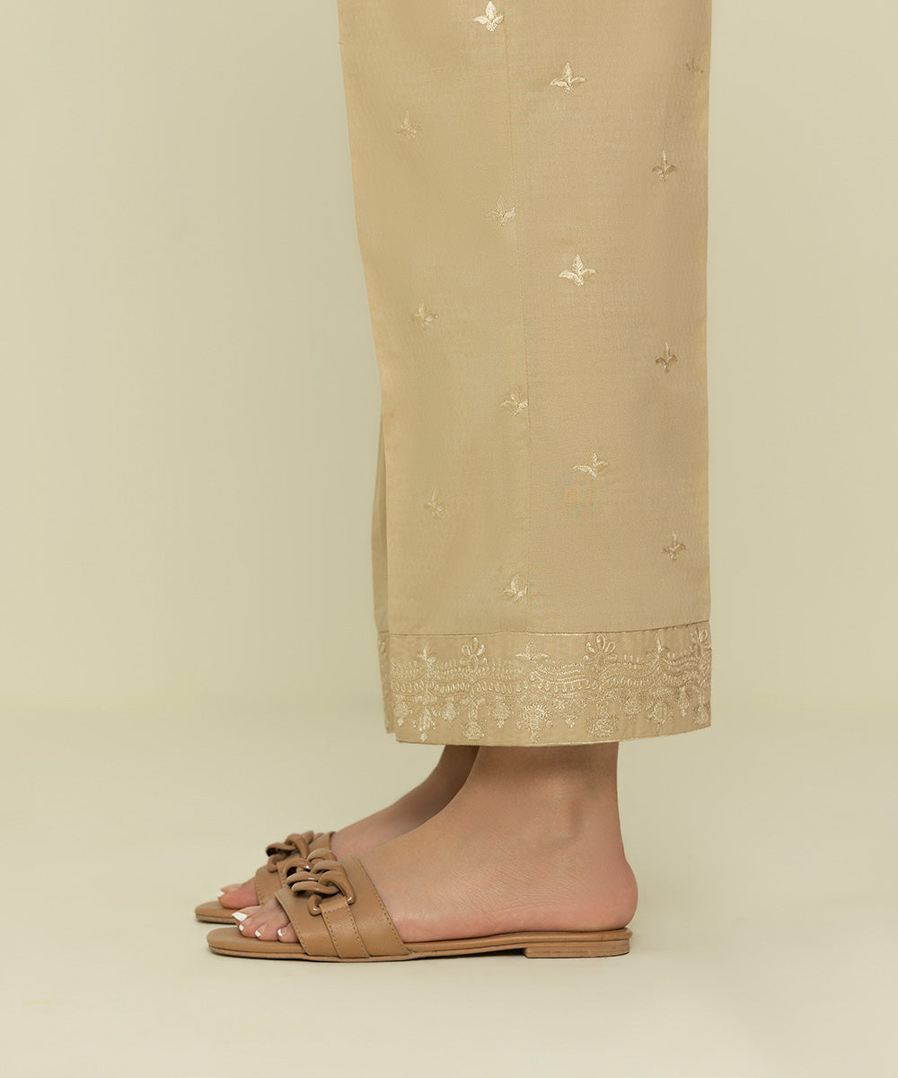 Womens Eid Pret Beige Embroidered Dobby Trousers