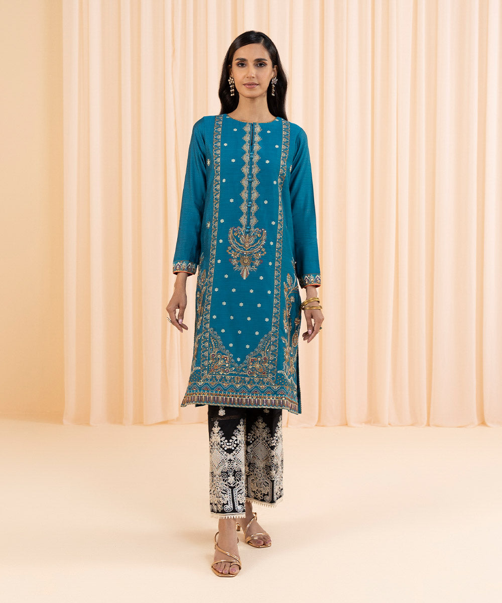 Womens Eid Pret Blue Embroidered Silk Cotton Net Shirt