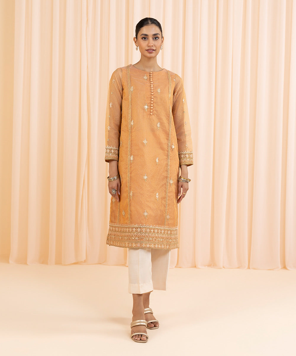 Womens Eid Pret Yellow Embroidered Silk Organza Zari Shirt