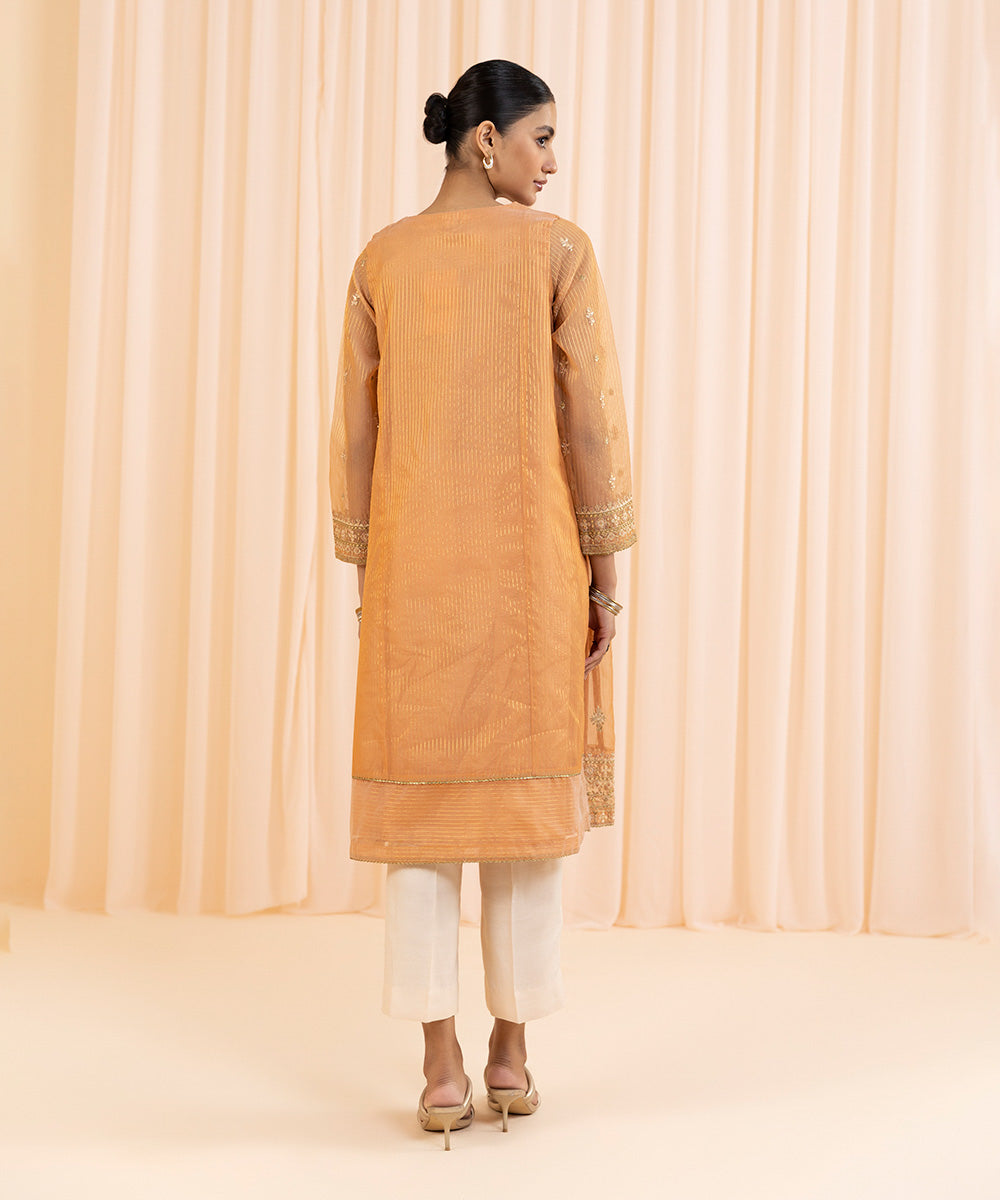 Womens Eid Pret Yellow Embroidered Silk Organza Zari Shirt