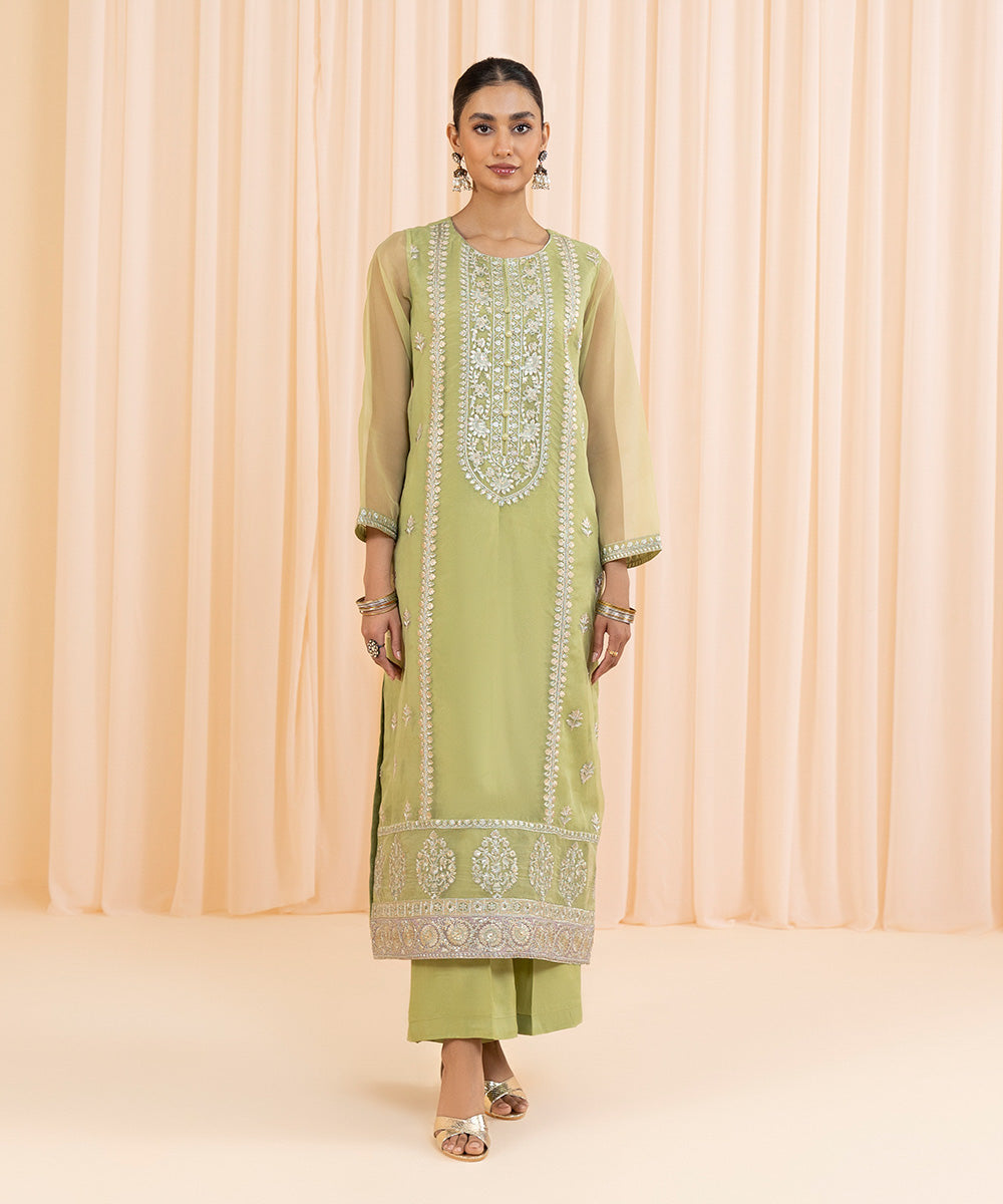 Womens Eid Pret Sea Green Embroidered Blended Organza Two Piece Suit