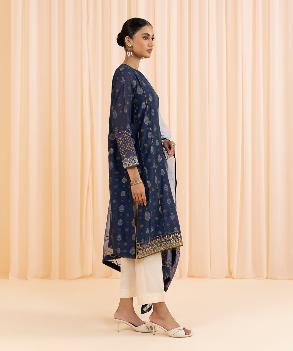 Womens Eid Pret Blue Embroidered Kota Jacquard Two Piece Suit
