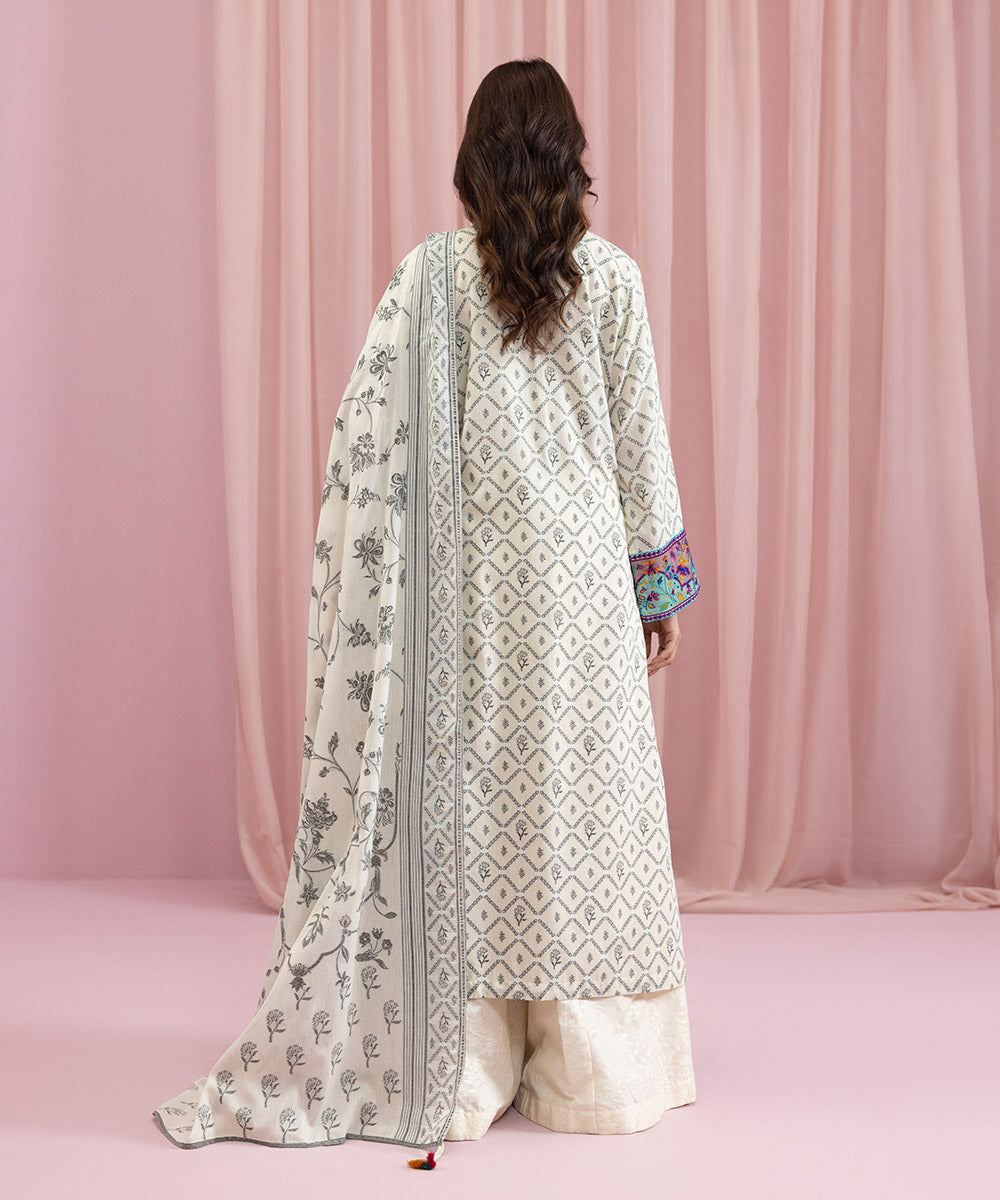 Womens Eid Pret Off White Embroidered Extra Weft Jacquard Two Piece Suit