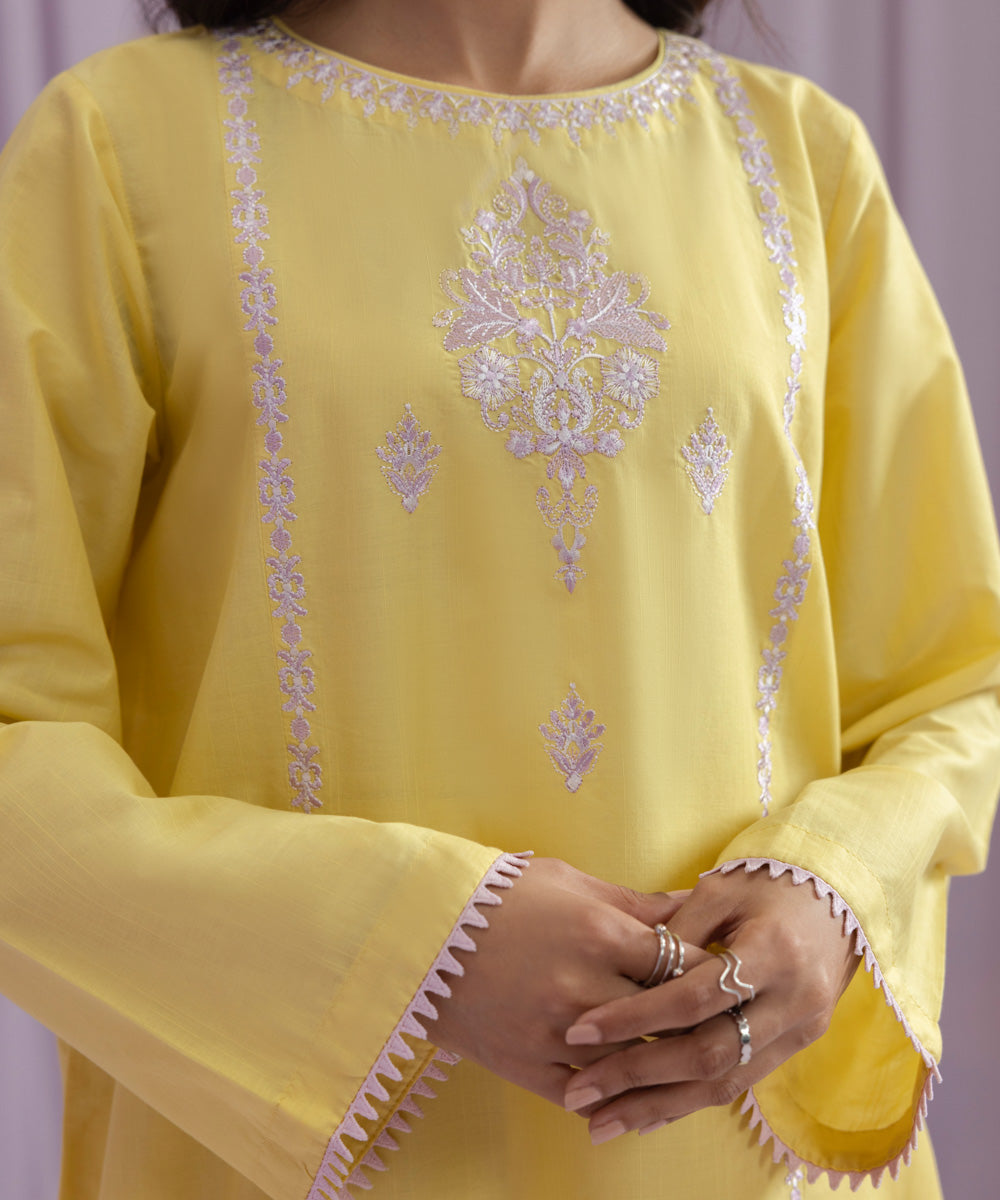 Womens Eid Pret Pale Yellow Embroidered Lawn Shirt