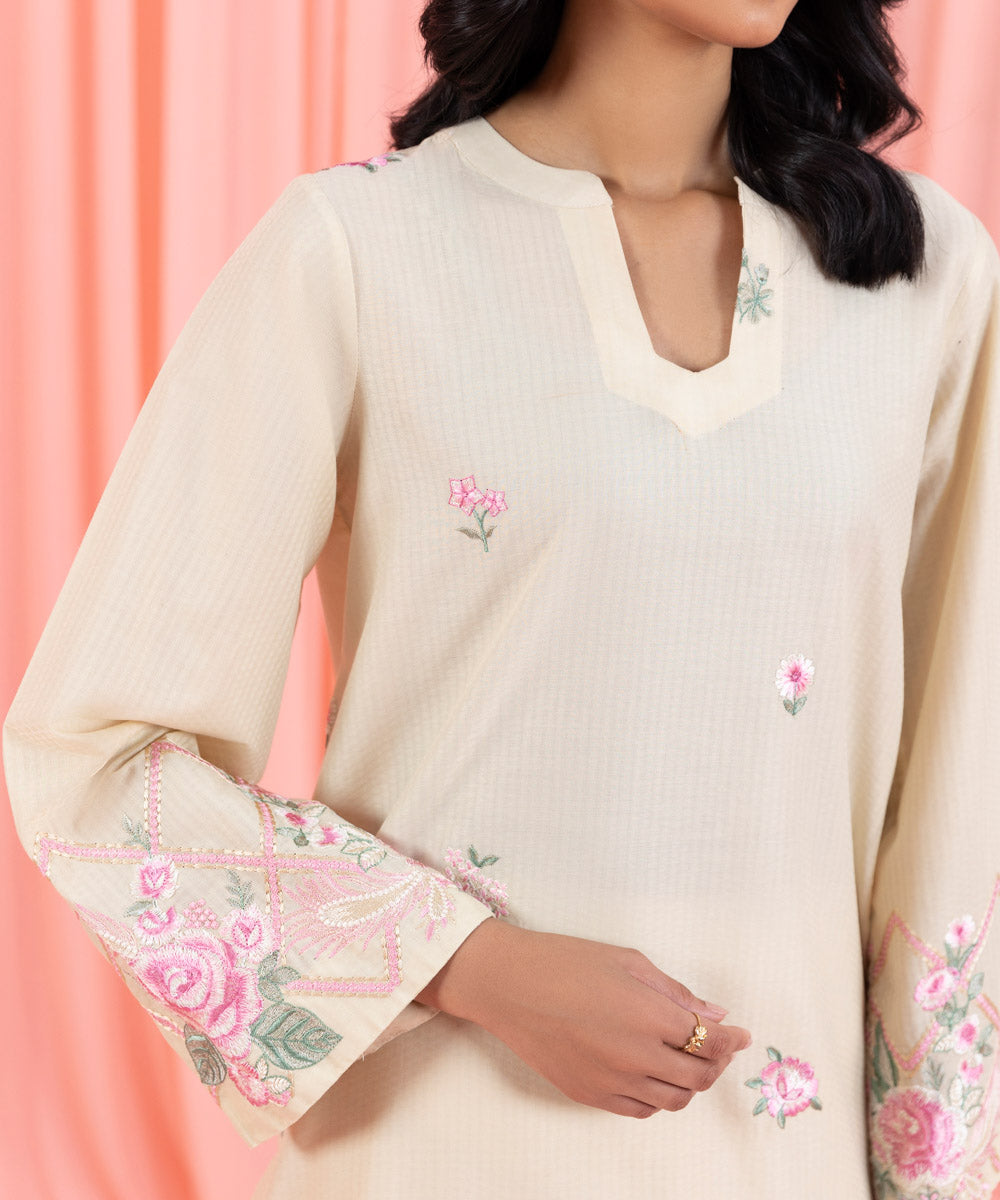 Womens Eid Pret Beige Embroidered Textured Cotton Shirt