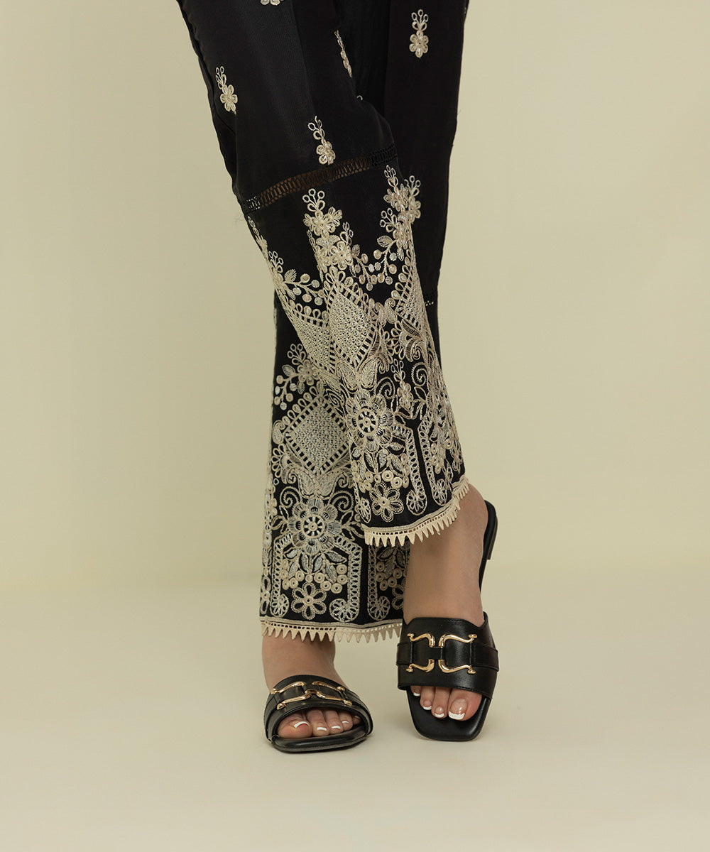 Womens Eid Pret Black Embroidered Viscose Raw Silk Trousers