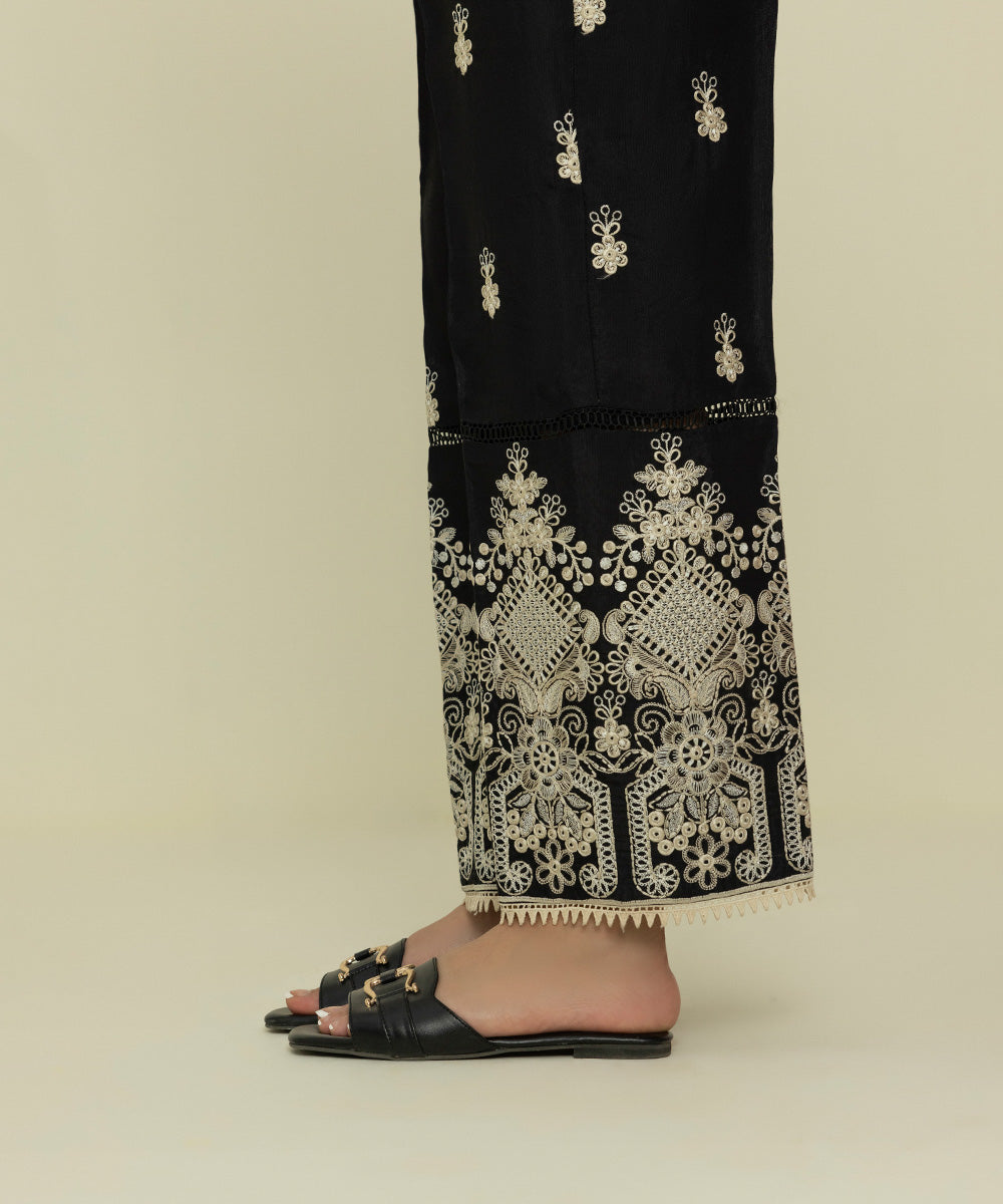 Womens Eid Pret Black Embroidered Viscose Raw Silk Trousers