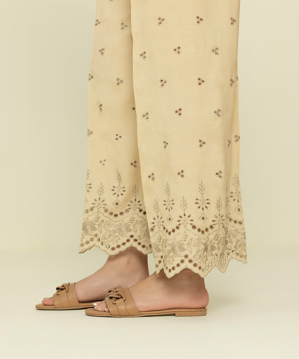 Womens Eid Pret Beige Embroidered Viscose Raw Silk Trousers