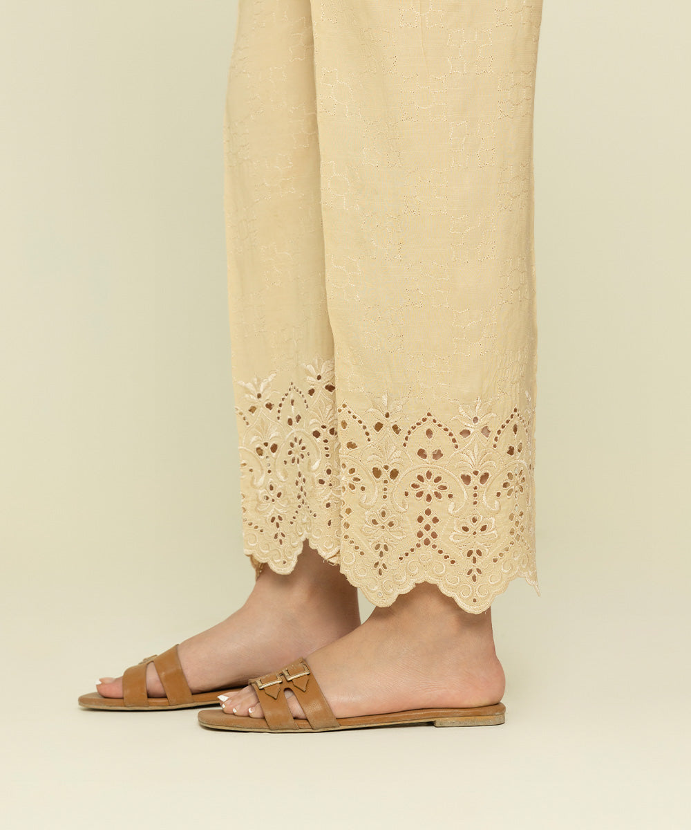 Womens Eid Pret Beige Embroidered Viscose Raw Silk Trousers