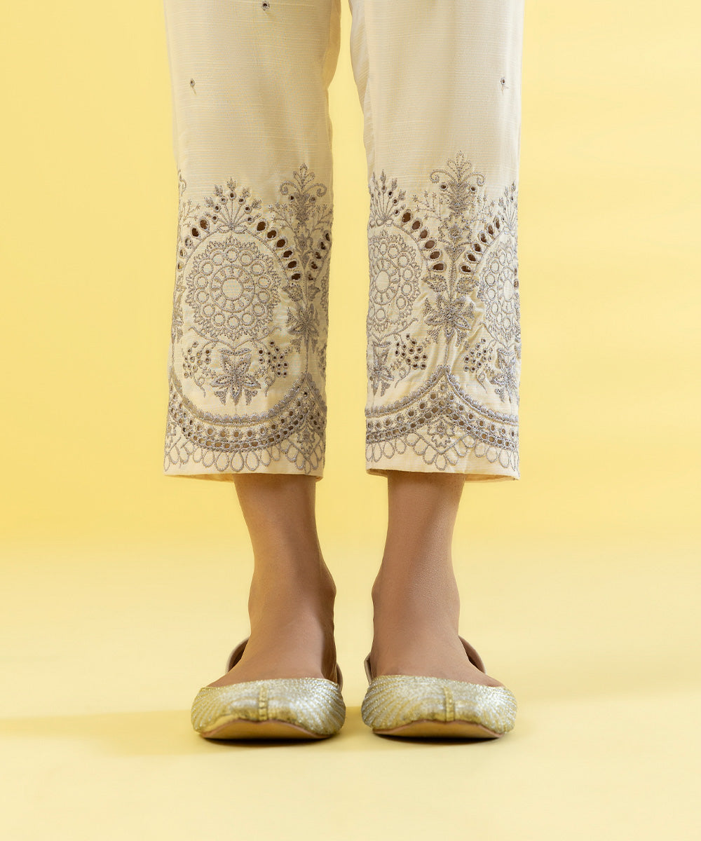 Womens Eid Pret Off White Embroidered Viscose Raw Silk Trousers