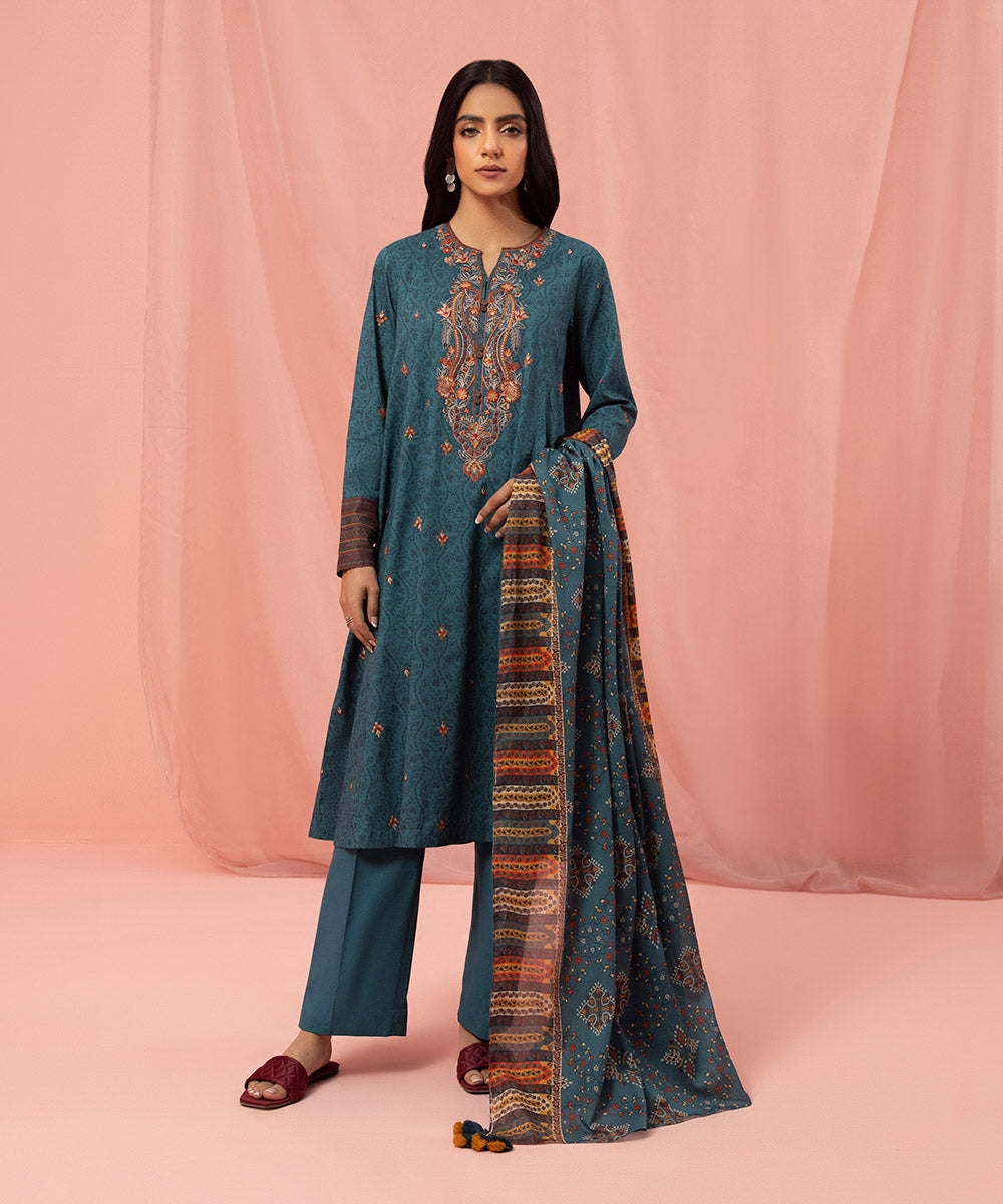 Women's Eid Teal Blue Embroidered Lawn Unstitched Shirt Dupatta