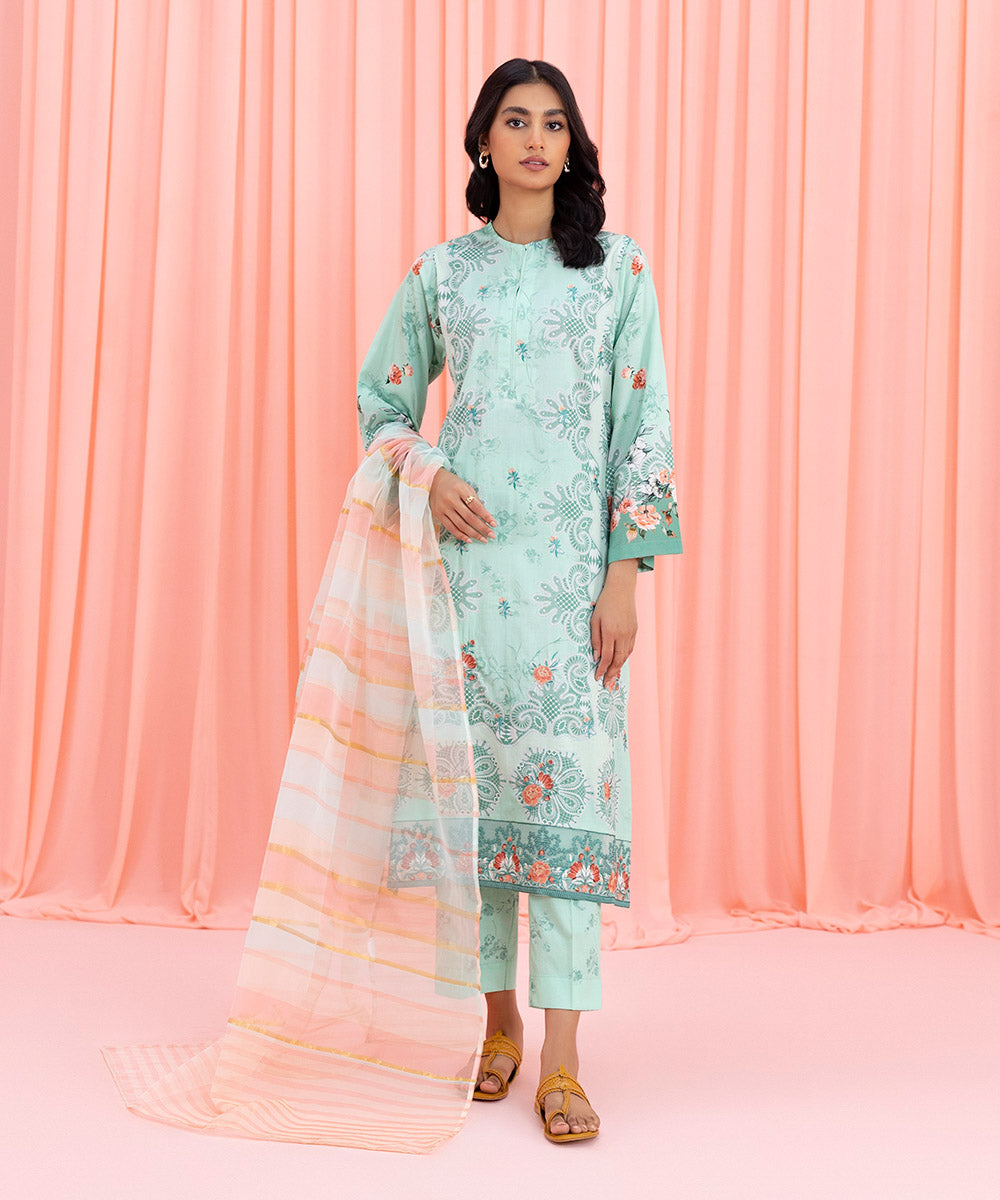 Womens Eid Pret Green Embroidered Cotton Satin Three Piece Suit