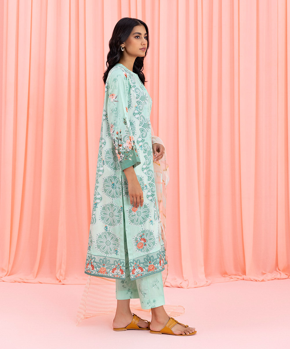 Womens Eid Pret Green Embroidered Cotton Satin Three Piece Suit