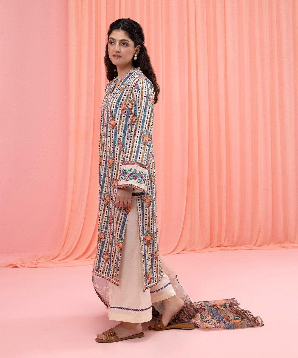Womens Eid Pret Beige Printed Cotton Satin Three Piece Suit