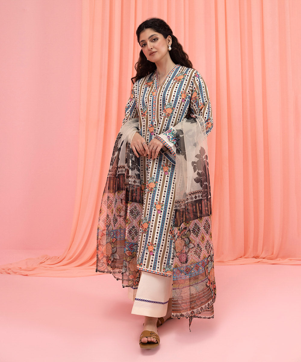 Womens Eid Pret Beige Printed Cotton Satin Three Piece Suit