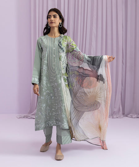 Womens Eid Pret Grey Embroidered Cotton Satin Three Piece Suit