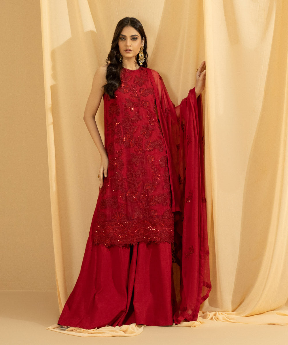 Women's Eid Red Embroidered Chiffon Unstitched Three Piece Suit