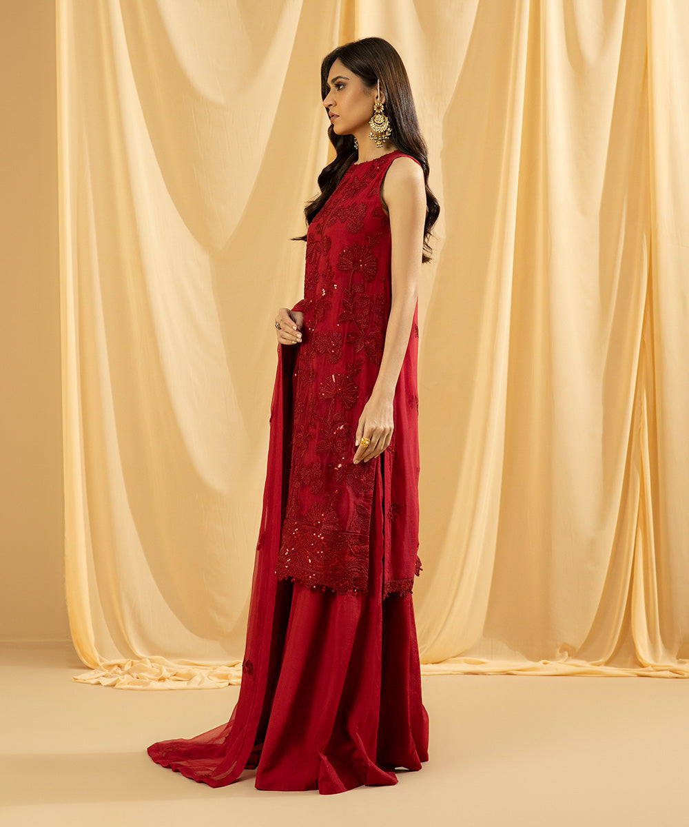 Women's Eid Red Embroidered Chiffon Unstitched Three Piece Suit
