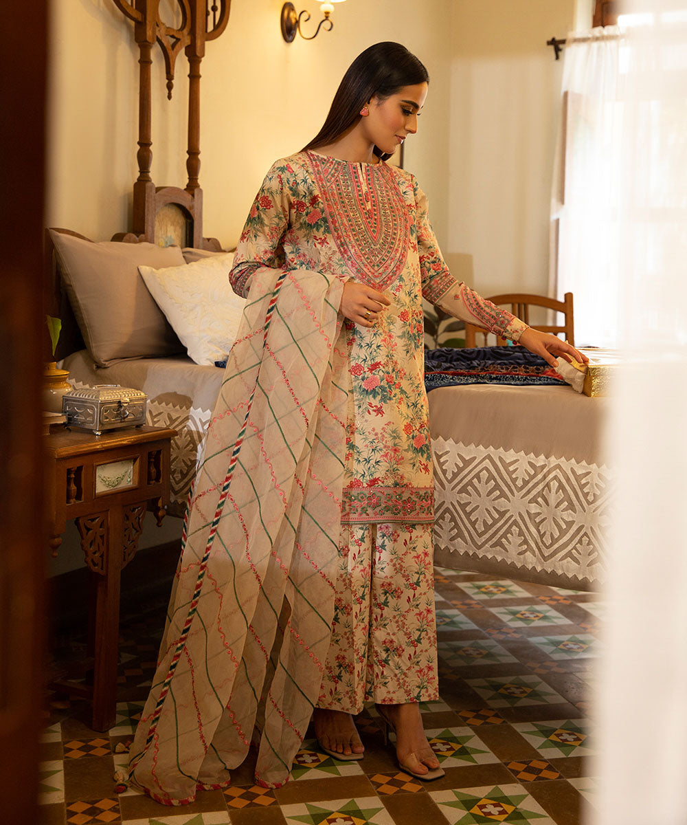 Eid Unstitched Women's Embroidered Lawn Beige 3 Piece Suit