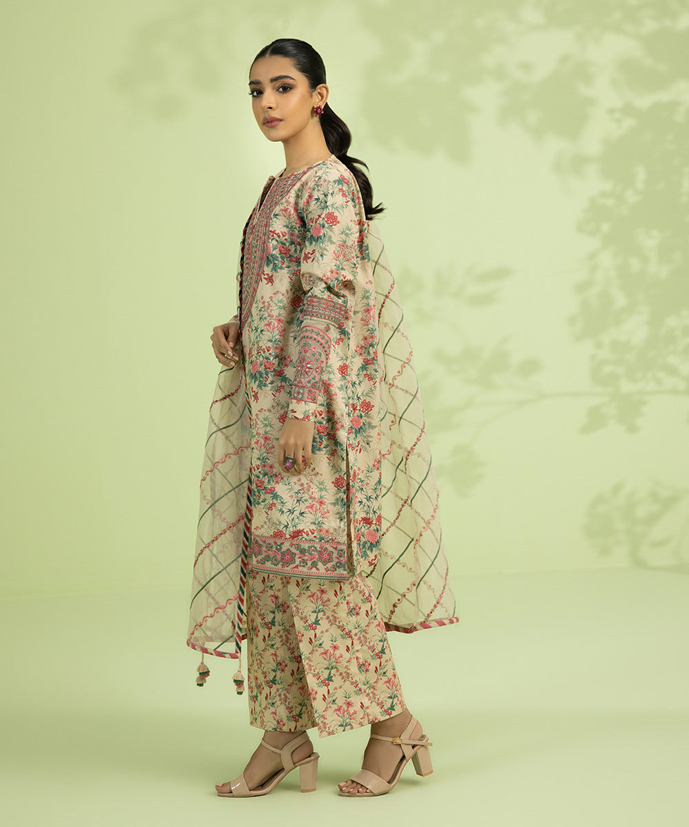 Eid Unstitched Women's Embroidered Lawn Beige 3 Piece Suit