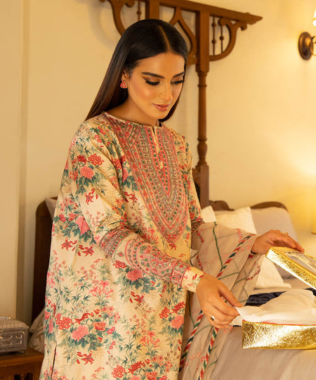 Eid Unstitched Women's Embroidered Lawn Beige 3 Piece Suit