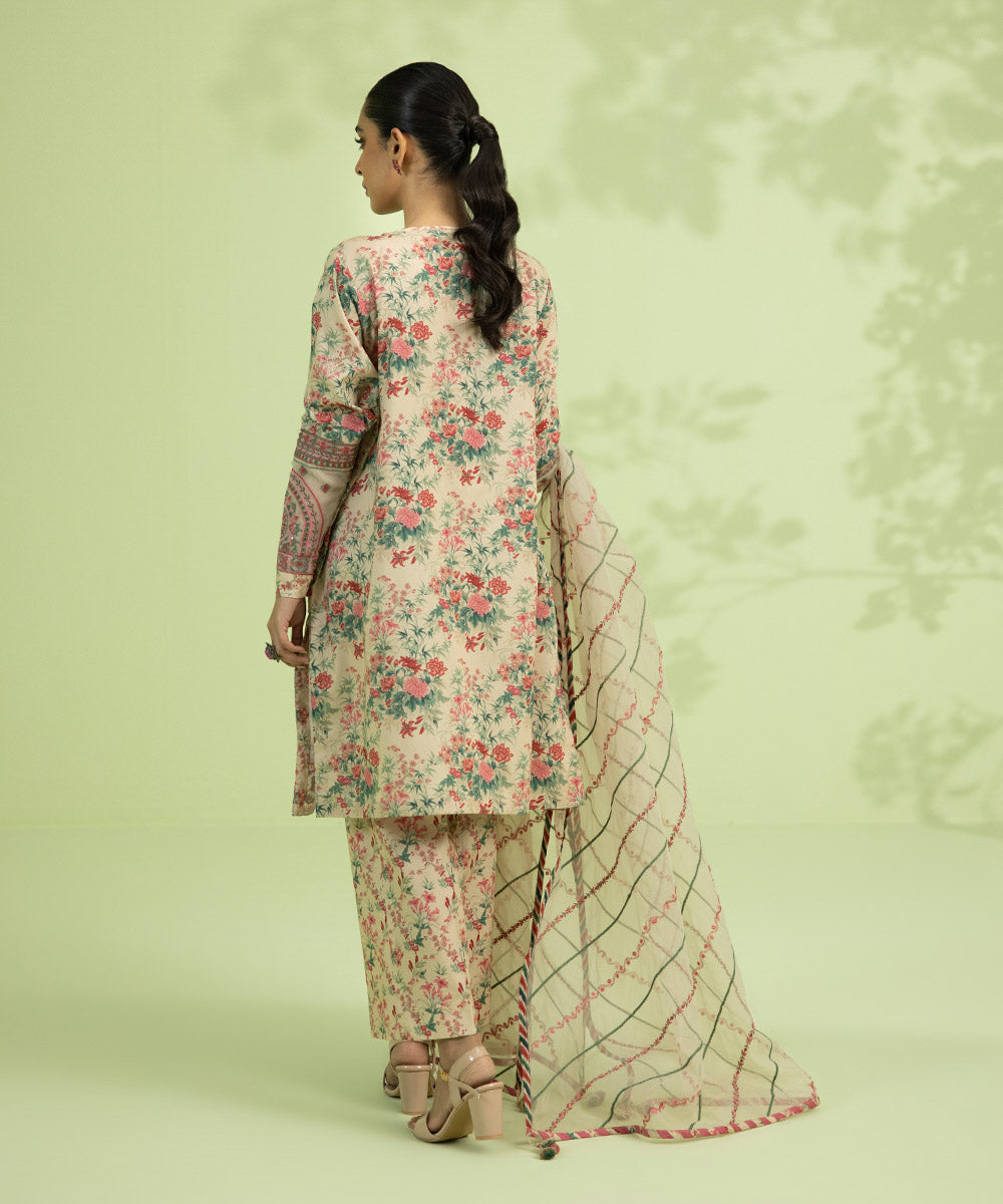 Eid Unstitched Women's Embroidered Lawn Beige 3 Piece Suit