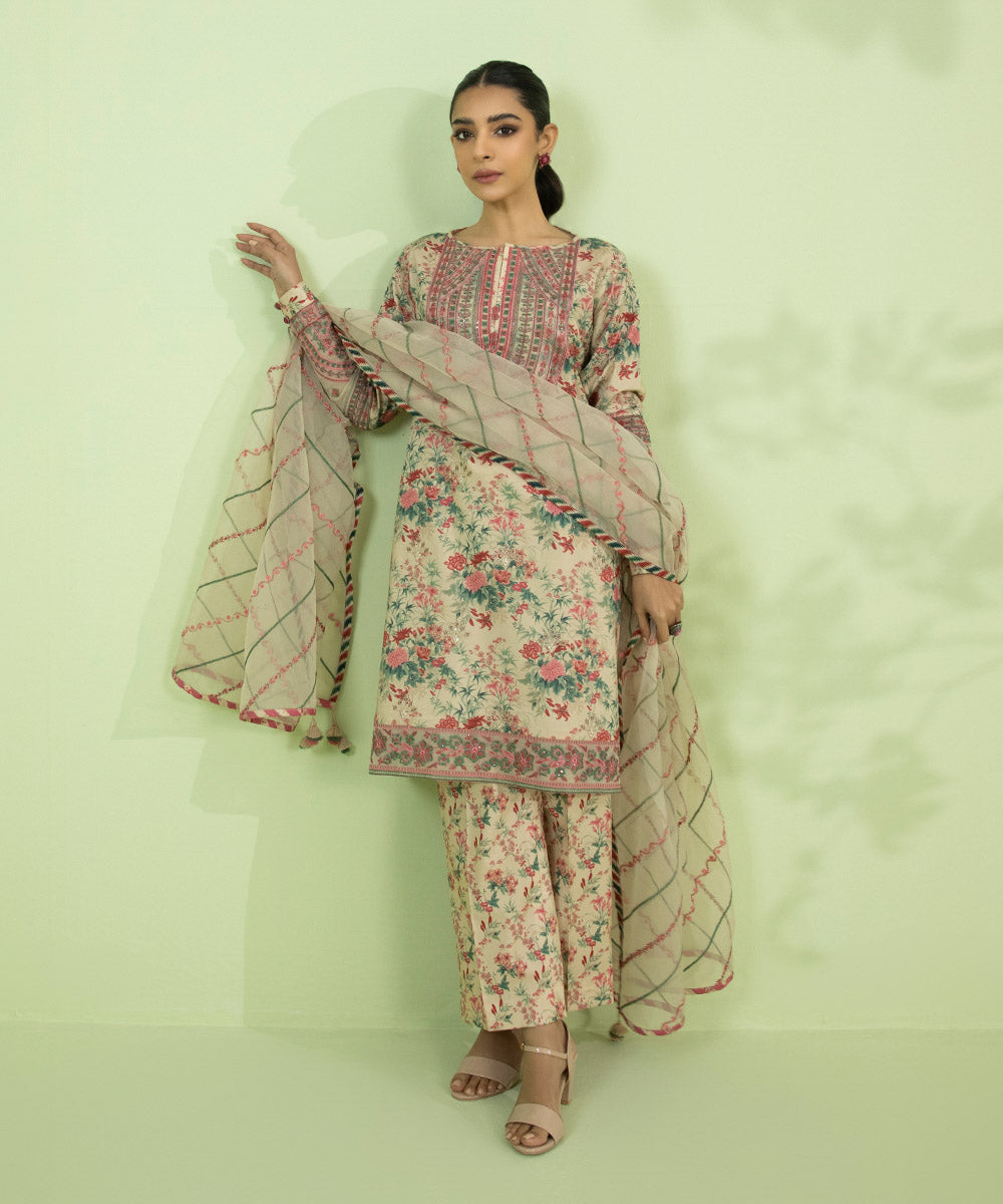 Eid Unstitched Women's Embroidered Lawn Beige 3 Piece Suit