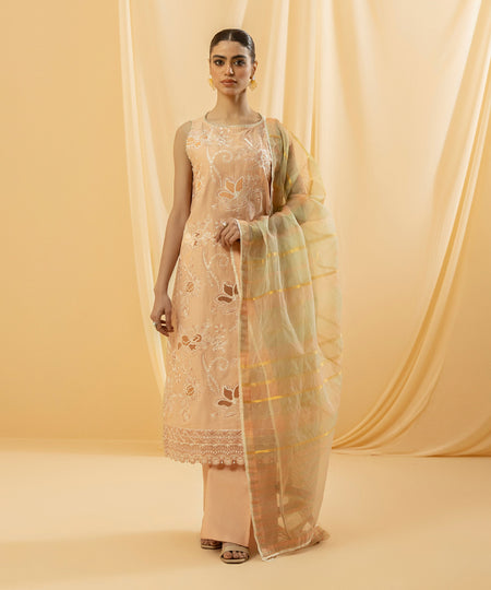 Women's Eid Coral Peach Embroidered Cotton Unstitched Three Piece Suit