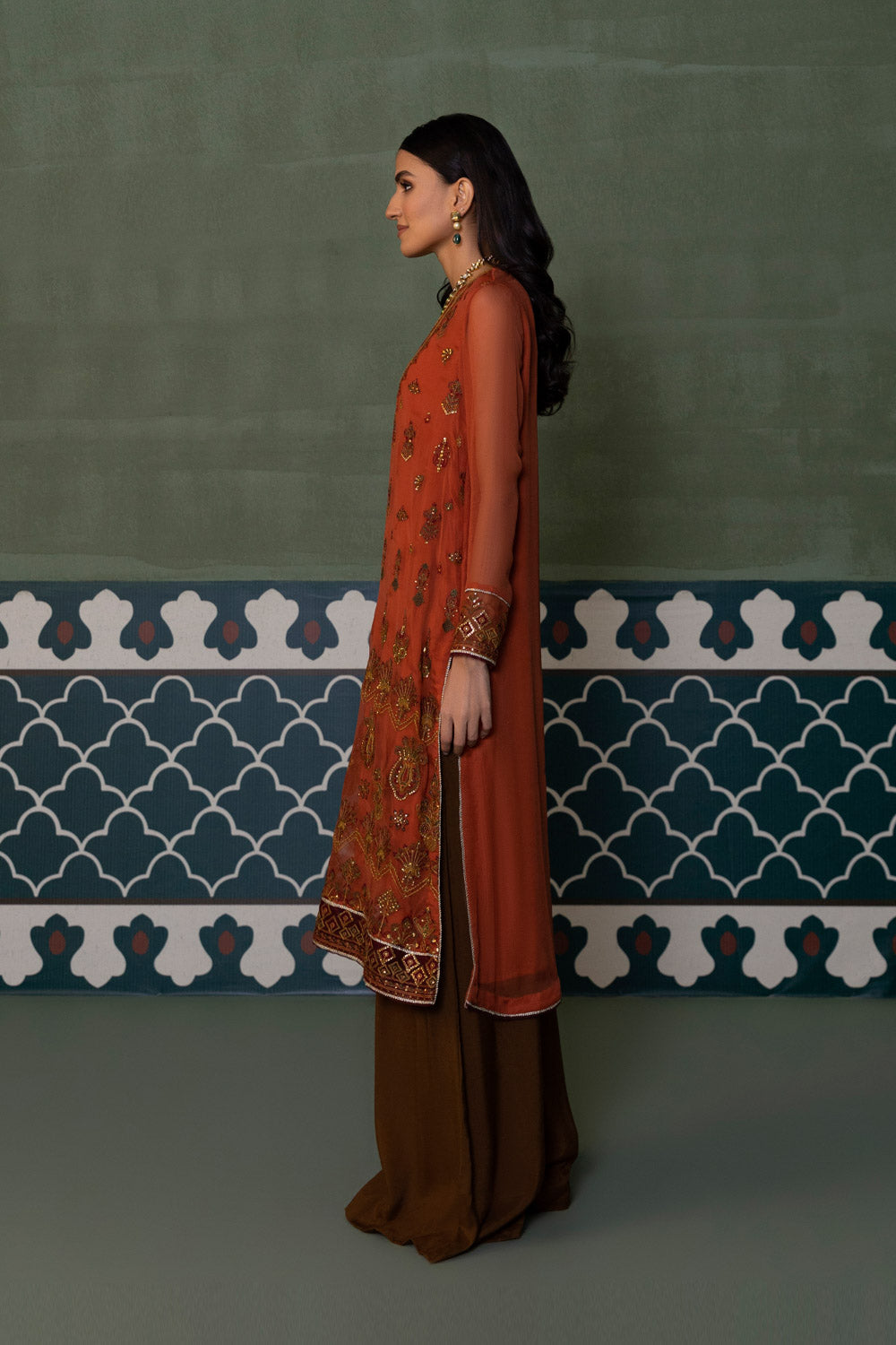Womens Ready To Wear Rust One Piece Embroidered Kurta