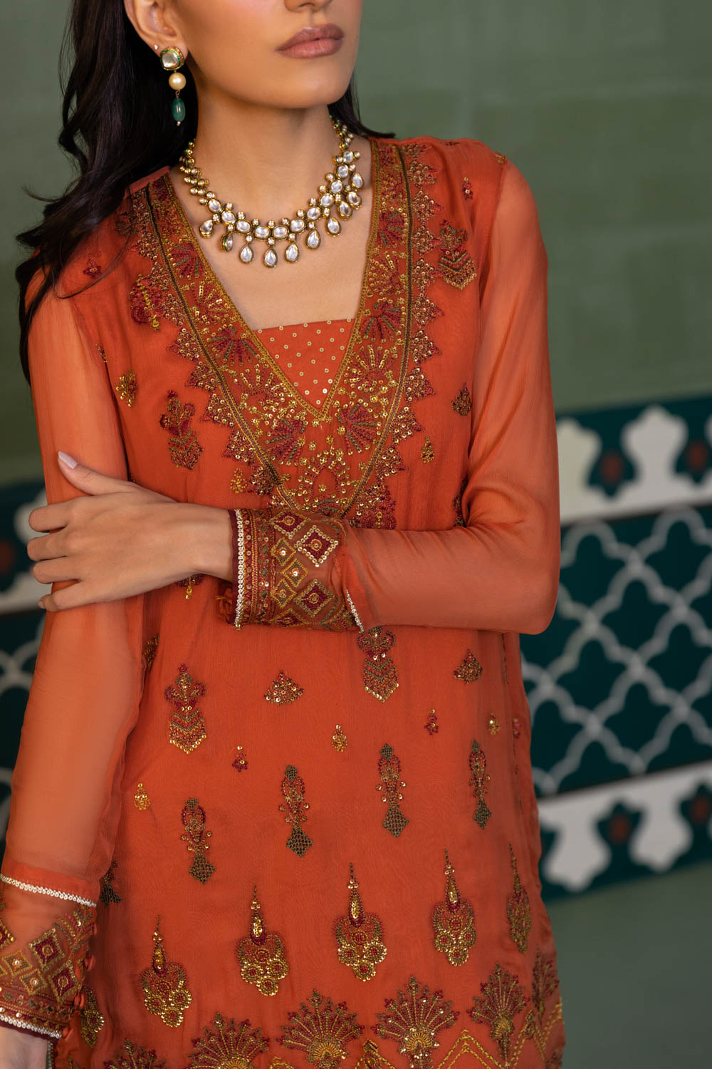 Womens Ready To Wear Rust One Piece Embroidered Kurta