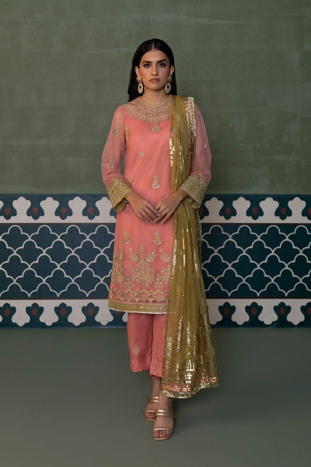 Womens Ready To Wear Peach Embroidered Three Piece Suit