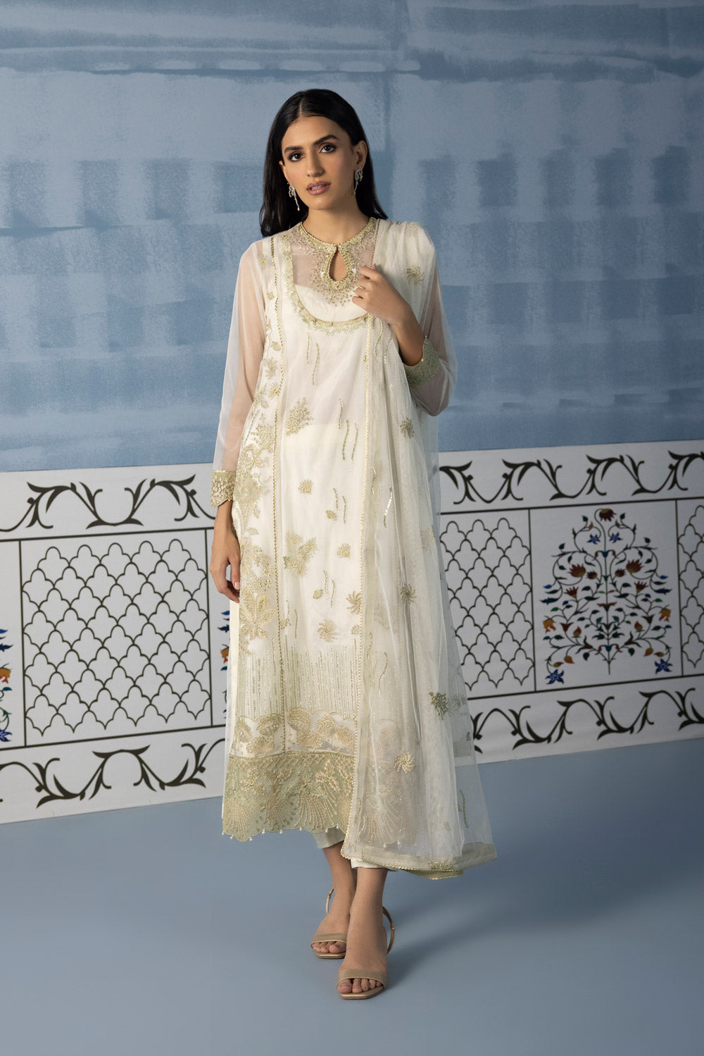 Womens Ready To Wear Off White Embroidered Three Piece Suit