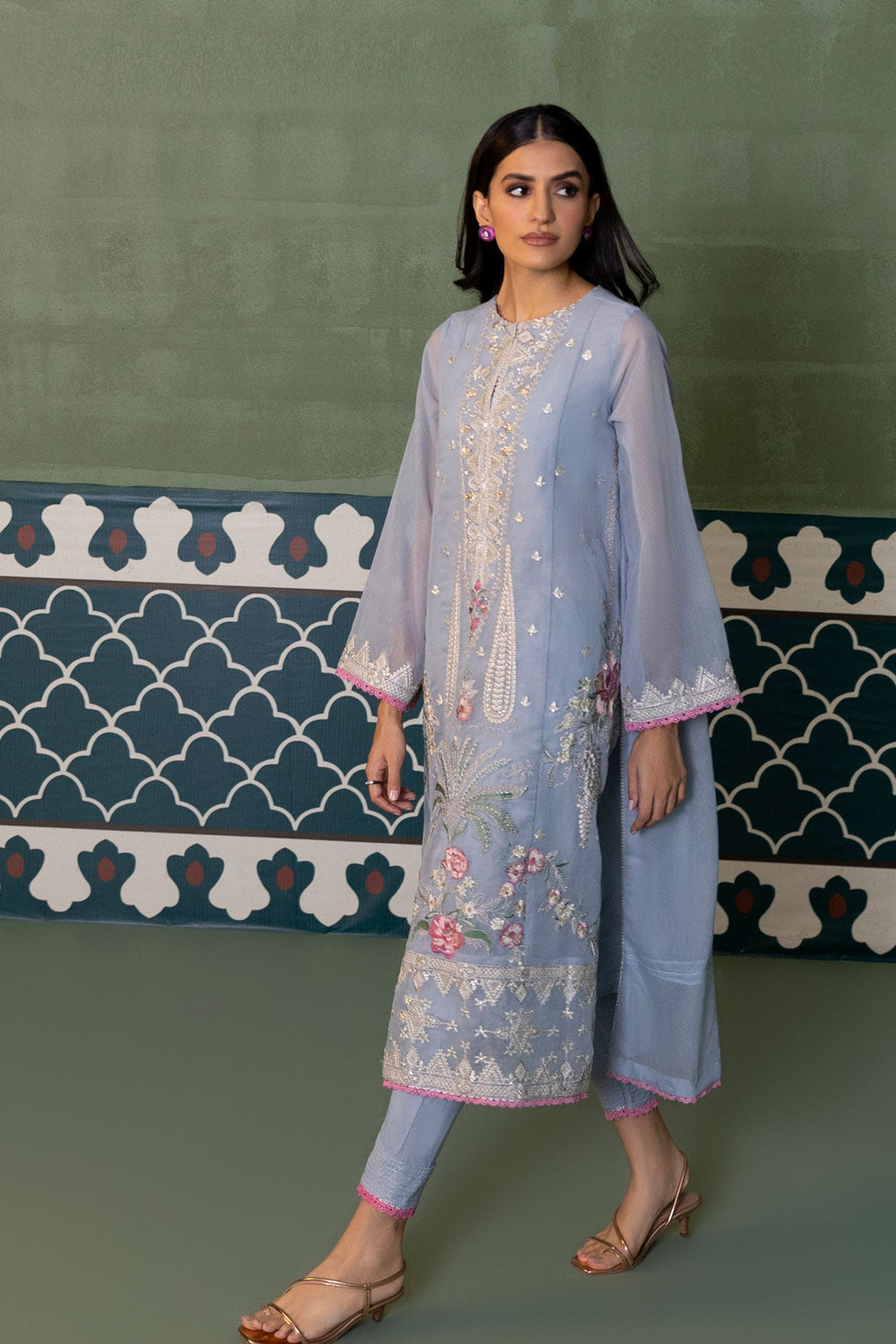 Womens Ready To Wear Sky Blue Embroidered Two Piece Suit
