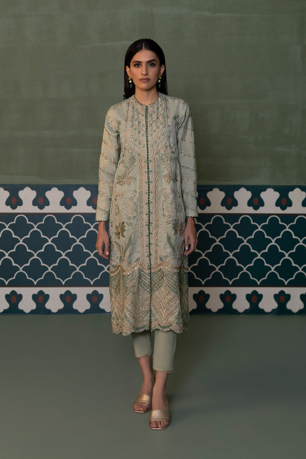 Womens Ready To Wear Green Embroidered Two Piece Suit
