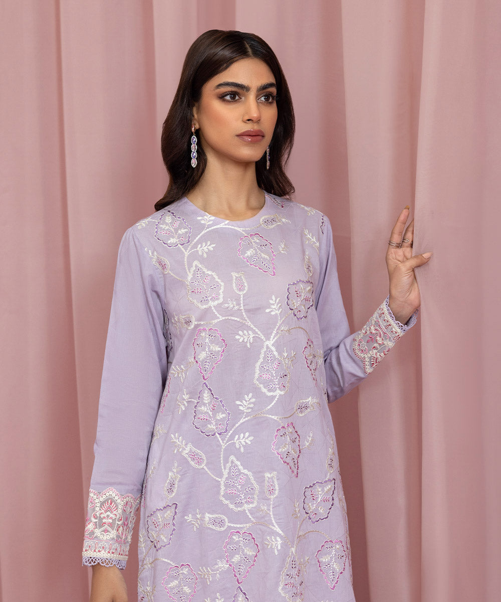 Womens Eid Pret Lavendar Embroidered Self Jacquard Shirt