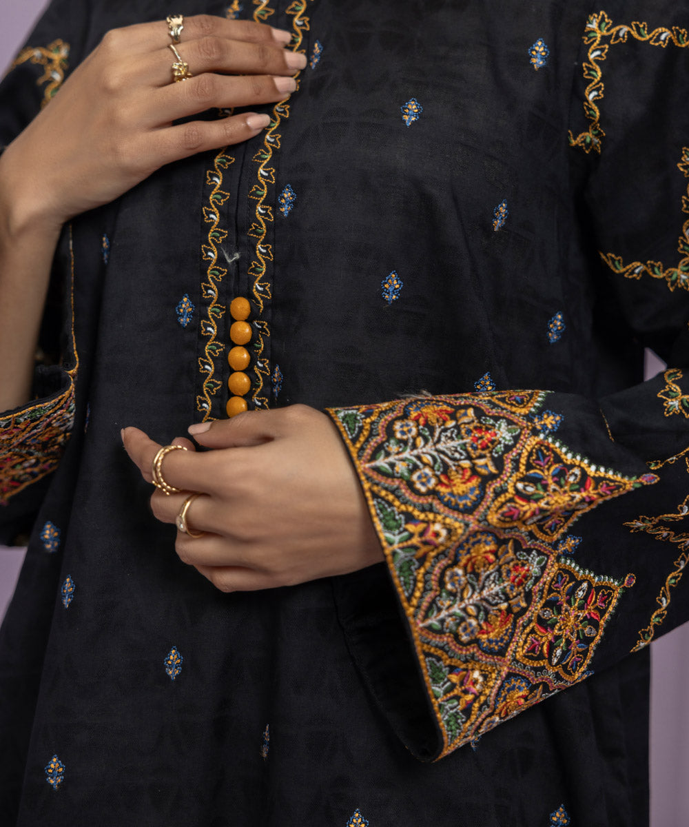 Womens Eid Pret Black Embroidered Self Jacquard Shirt