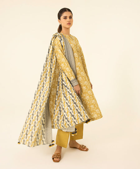 Women's Unstitched Printed Khaddar Yellow 3 Piece Suit