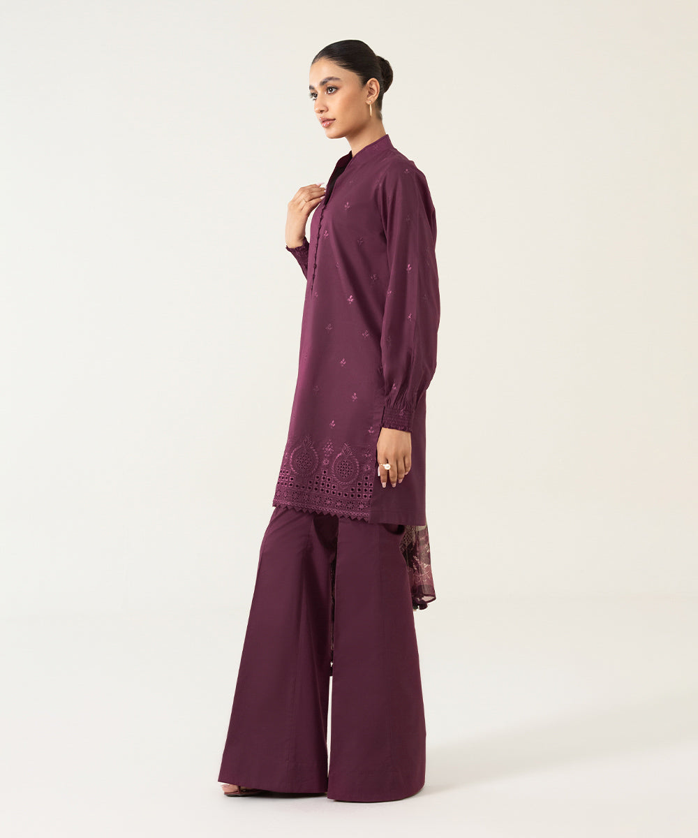 Unstitched Women's Embroidered Lawn Wine Red 3 Piece Suit