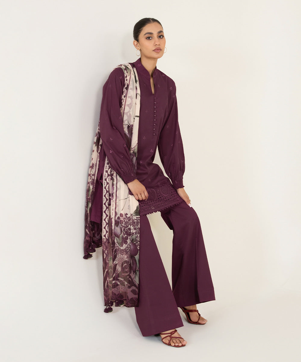 Unstitched Women's Embroidered Lawn Wine Red 3 Piece Suit