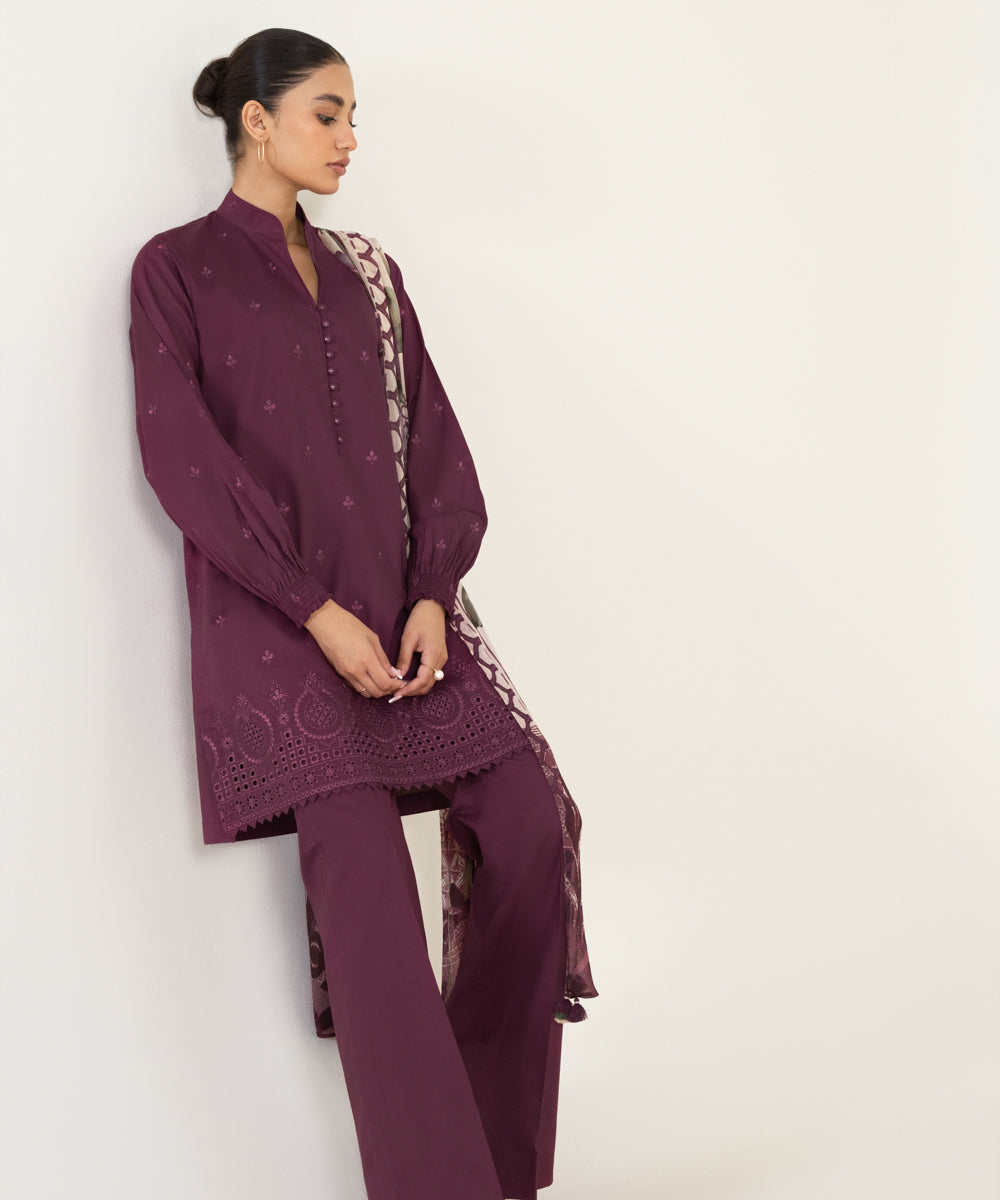 Unstitched Women's Embroidered Lawn Wine Red 3 Piece Suit