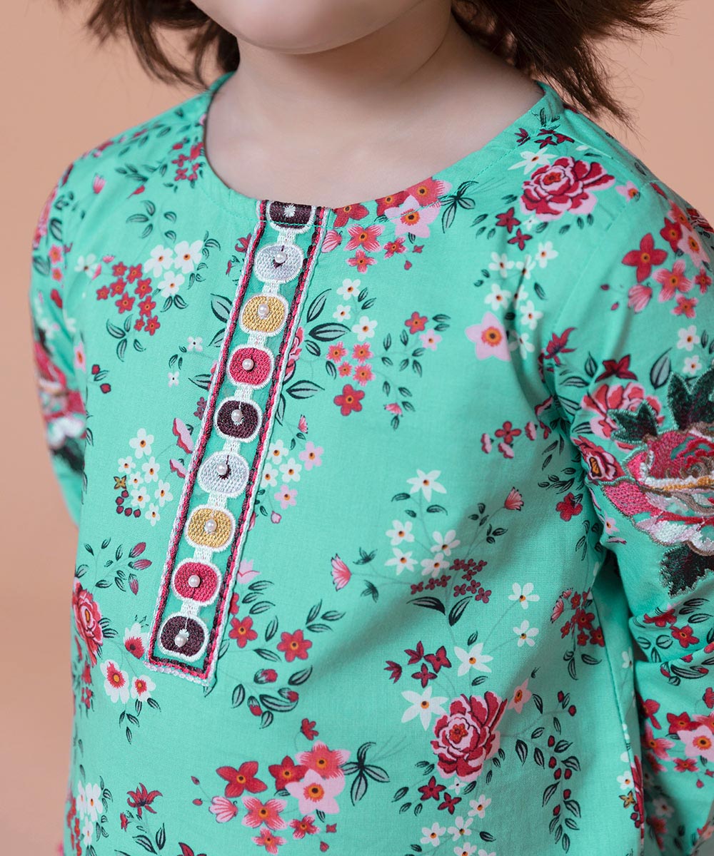 Kid Girls Green Embroidered Cambric Shirt