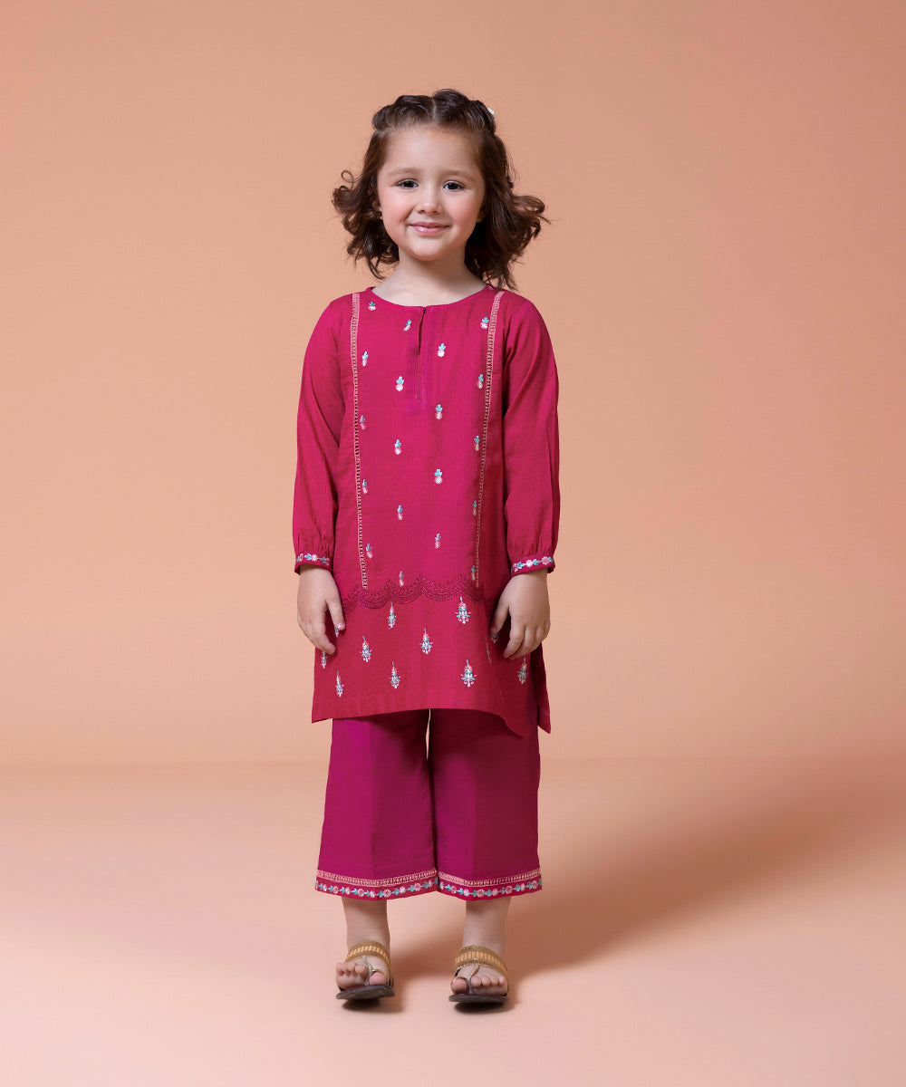 Kid Girls Hot Pink 2 Piece   Embroidered Dobby Suit