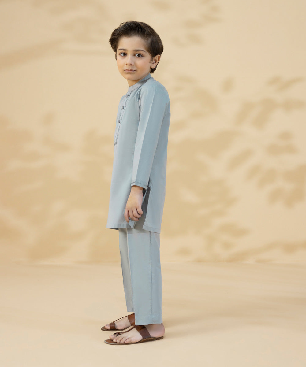 Kids Boys 2 PC Embroidered Dull Grey Cambric Suit