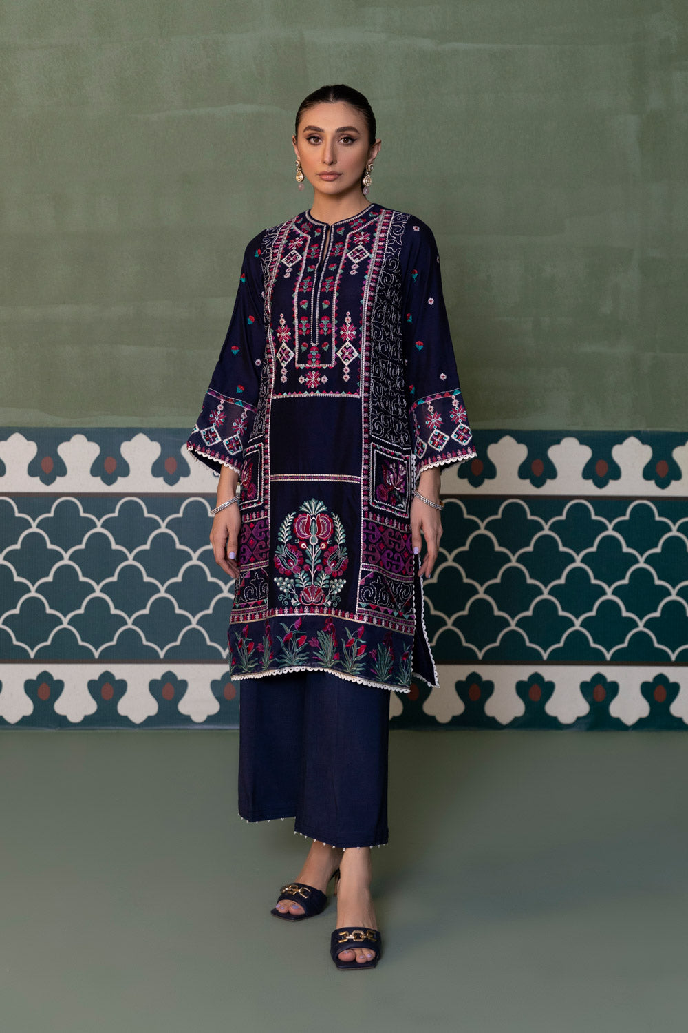 Womens Ready To Wear Blue One Piece Embroidered Kurta