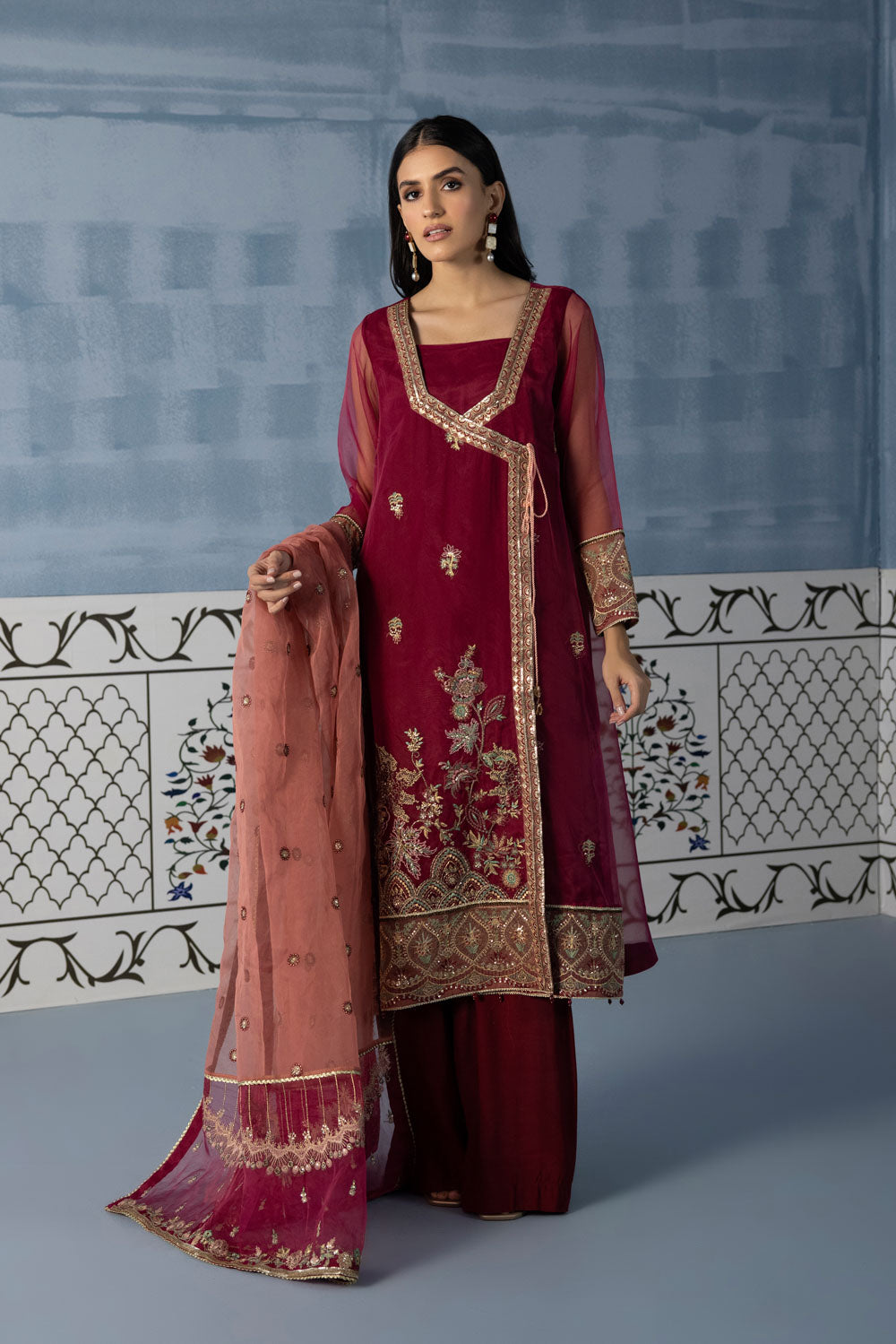 Womens Ready To Wear Maroon Embroidered Three Piece Suit