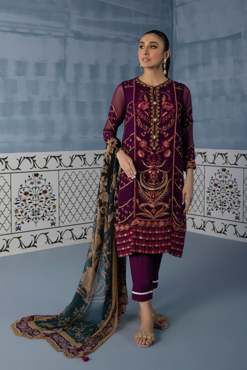 Womens Ready To Wear Purple Embroidered Two Piece Suit