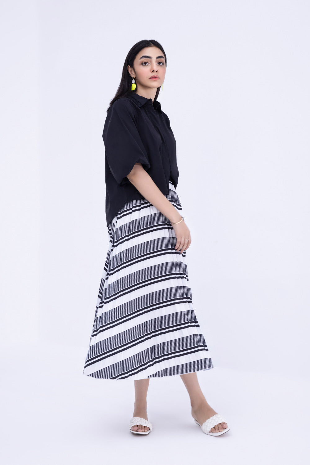 Multi Striped print pleated silk skirt