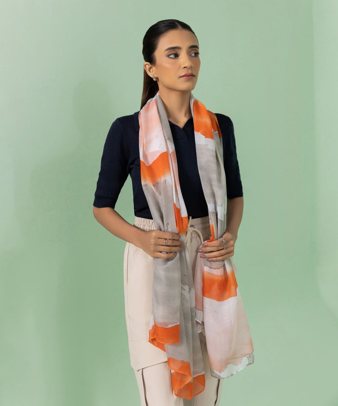 Womens West Orange and White Printed Scarf