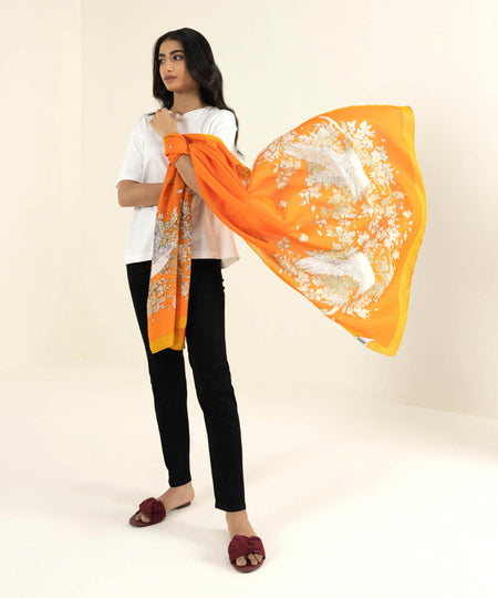 Womens Orange Polyester Printed West Scarf